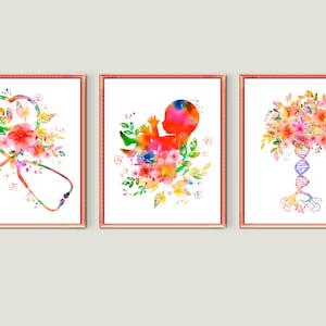 3 OBGYN Art Watercolor Fetus Art Stethoscope Art DNA Art Genetic Code Fetal Development Pregnancy Reveal Midwife Gift