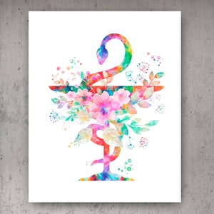 May include: A watercolor print of a Caduceus symbol, a staff with two snakes entwined, adorned with colorful flowers and foliage. The artwork features a vibrant palette of pink, blue, green, and yellow hues, set against a white background.