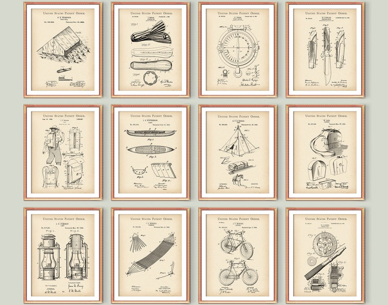 May include: A collection of twelve framed vintage patent prints. Each print features a detailed black and white illustration of outdoor and camping equipment, including a tent, compass, knife, and bicycle. The prints are displayed on a neutral background.