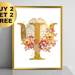 Puede incluir: Letra griega Psi dorada con un patrón de cerebro en su interior y rodeada de flores de acuarela en tonos naranja, rojo y amarillo.