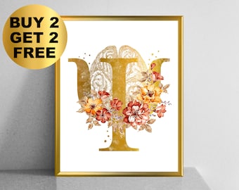 Psychology Art, Gold PSI Symbol and Brain, PSI and Flowers, Medical Decor, Psychologist Office Gift, Scientist Gift, Clinic Wall Decor