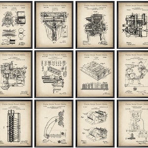 May include: A set of 12 vintage-style black and white prints of United States Patent Office drawings for various machines. The prints are framed in black and have a beige background.