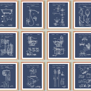 Bagno Patent Poster Set di 12 WC Doccia Brevetto Idraulico Regalo Ingegnere Regalo Blueprint Wall Art