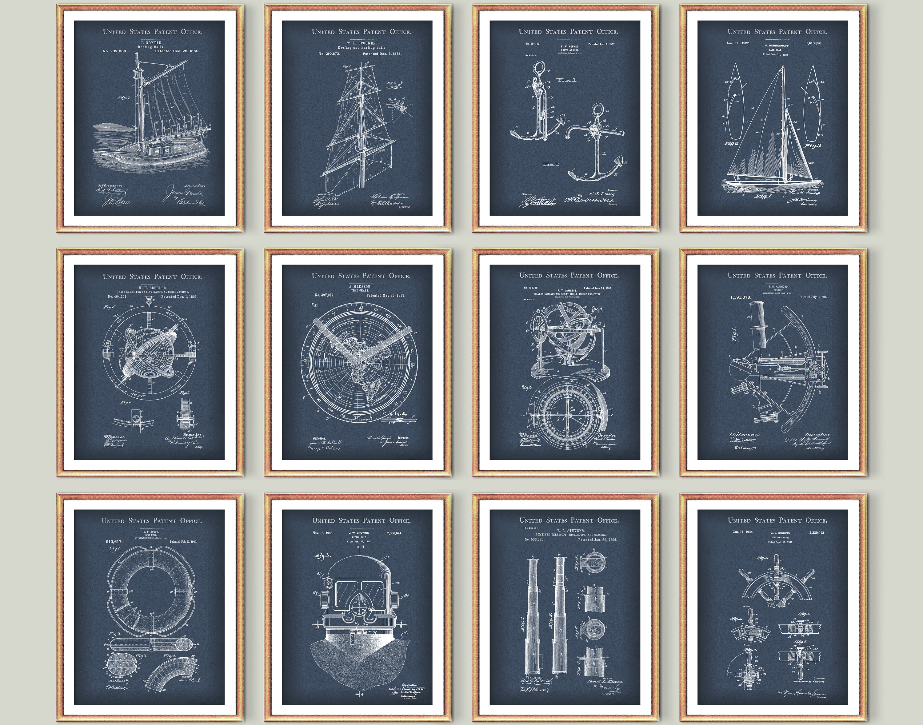 Sailing Set of Patent Art Nautical Art Sailor Gift Retro Invention Boat ...