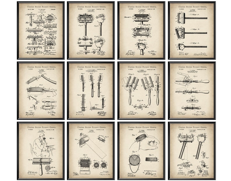 12 Vintage Safety Razor Patent Art Shaving Instrument Blueprint Shaver ...