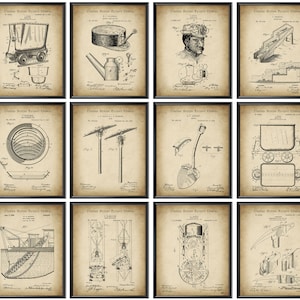 12 Vintage Gold Mining Technology Patent Art Gold Panning Equipment Blueprint Miner Gift Gold Rush Poster Gold Prospector Blueprint