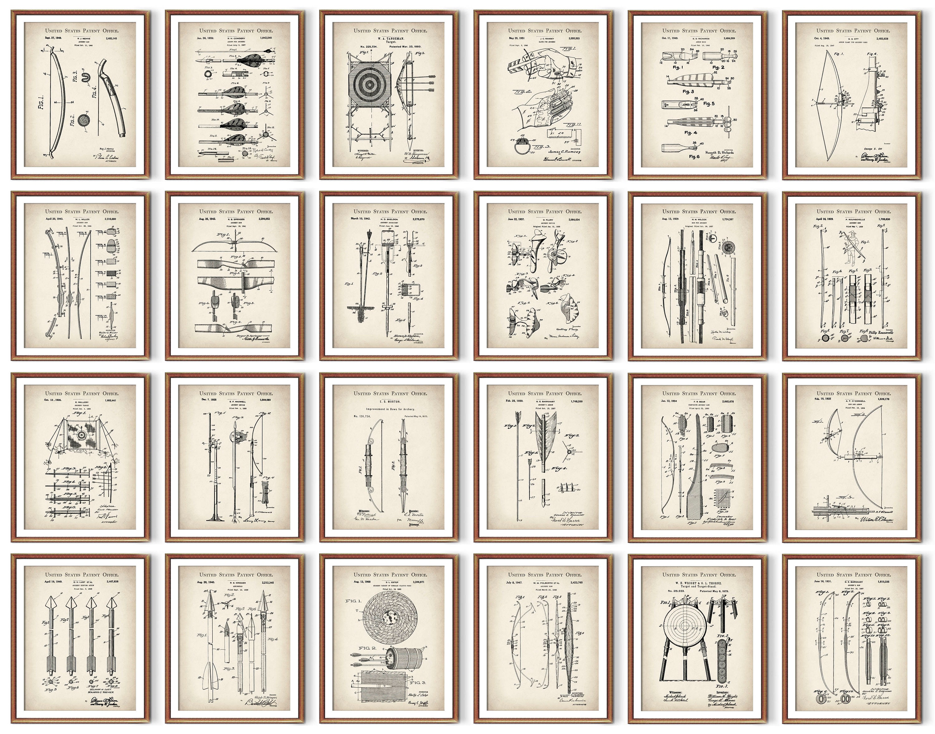 24 Vintage Archery Patent Prints Sport Blueprint Target Game Poster Arrow Patent Bow Patent Archer Gift Playroom Decor Hunter Gift