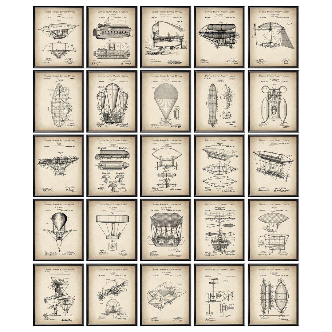 25 Vintage Airship Patent Prints Hot Air Balloon Blueprint Dirigible ...