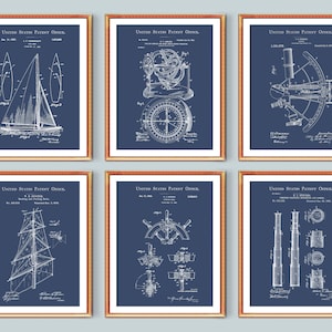 Plan de brevet nautique Ensemble de 6 Boussole Brevet Télescope Brevet Sextant Brevet Invention Nautique Blueprint Voyage Mur Décor Marin Cadeau