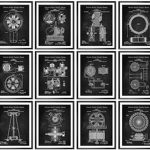 Puede incluir: Un conjunto de 12 impresiones de patentes vintage en blanco y negro con ilustraciones de motores eléctricos y generadores. Las impresiones están enmarcadas en marcos negros y tienen un aspecto desgastado.