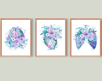 Watercolor Anatomy Art work Floral Medical Art Human Brain and Flowers Anatomical Heart Floral Lungs Art Doctor Gift Nurse Gift