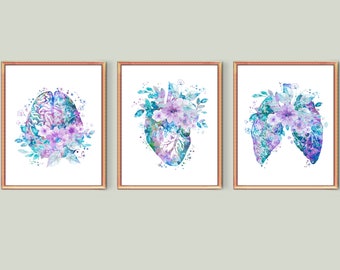 Watercolor Anatomy Art work Floral Medical Art Human Brain and Flowers Anatomical Heart Floral Lungs Art Doctor Gift Nurse Gift