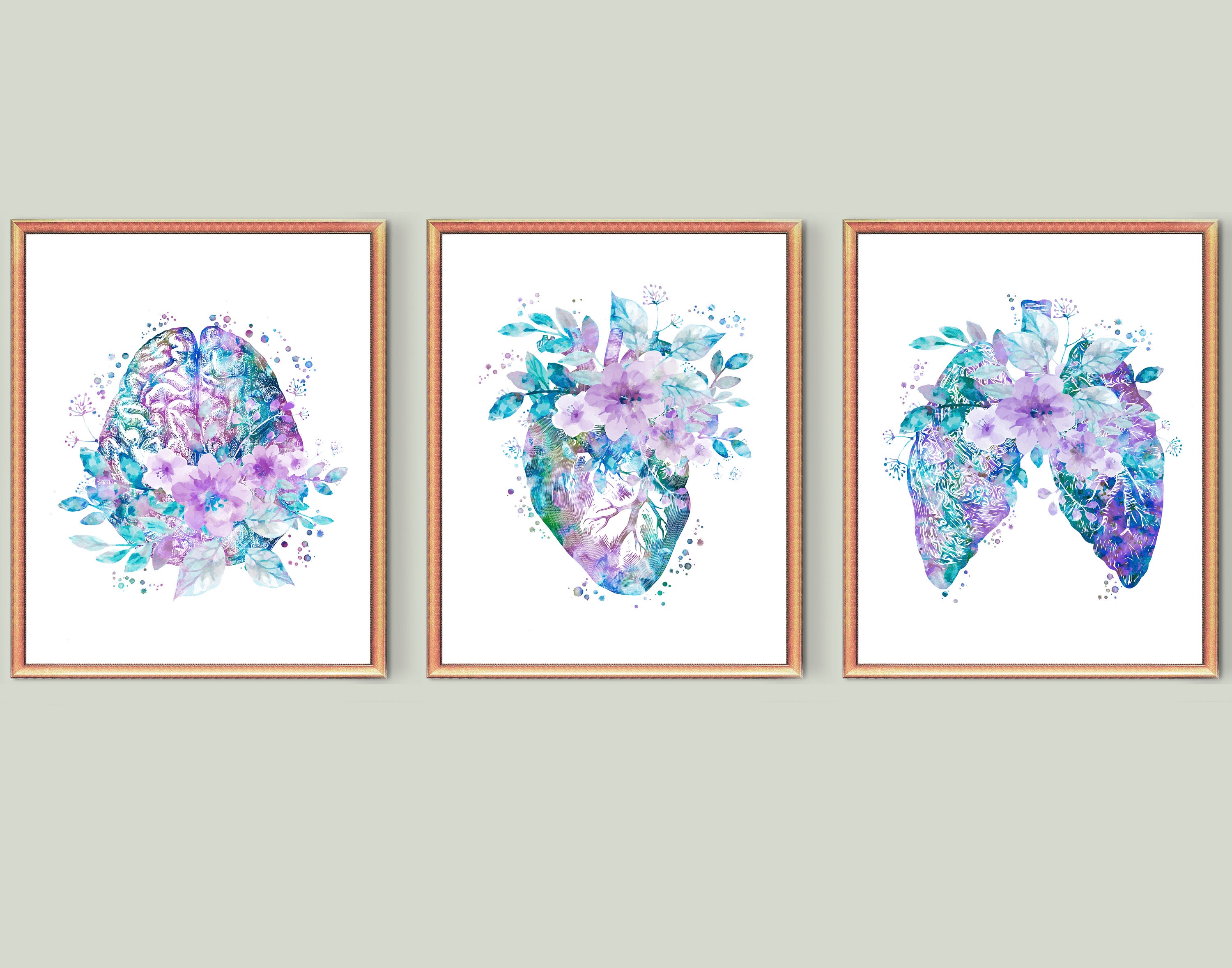 Watercolor Anatomy Art Work Floral Medical Art Human Brain and Flowers ...