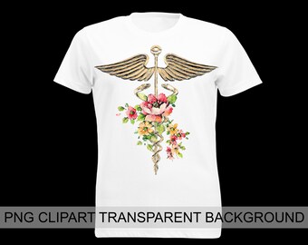 Caduceus Symbol Clipart Watercolor Garden Flowers Art Medical Symbol PNG Clipart Nurse Gift Designs Sublimation Doctor Graduation