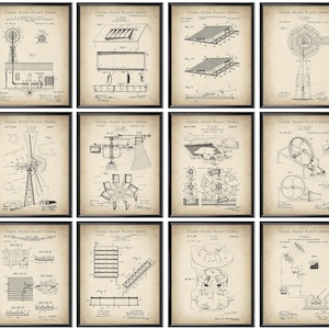 May include: A set of 12 vintage-style black and white patent drawings for various inventions. The drawings are framed in black frames and have a beige background. The drawings feature various inventions, including windmills, water wheels, and other mechanical devices.