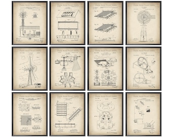 12 Renewable Energy Patent Art Solar Power Blueprint Wind Turbine Scheme Hydroelectricity Poster Renewable Resource Art Home Wall Decor