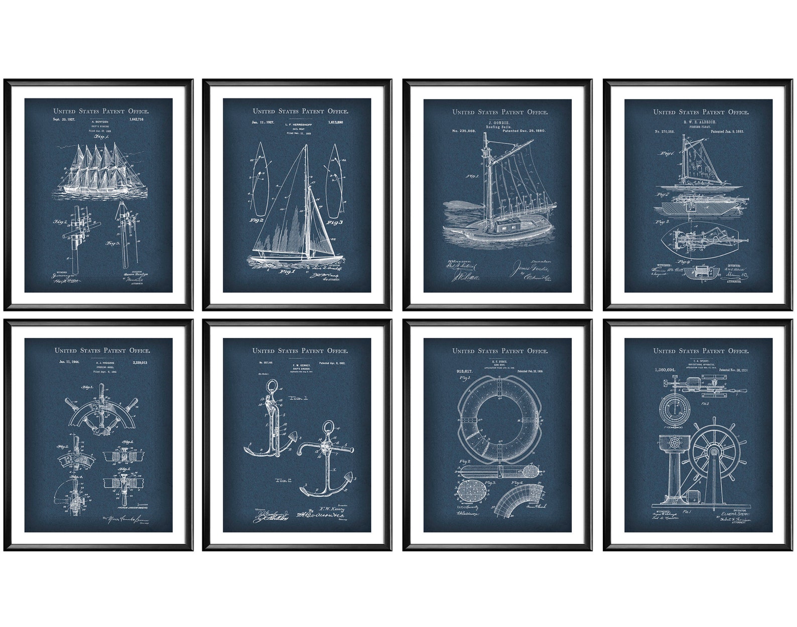 8 Vintage Sailing Patent Art Prints Nautical Blueprint Wall Decor ...