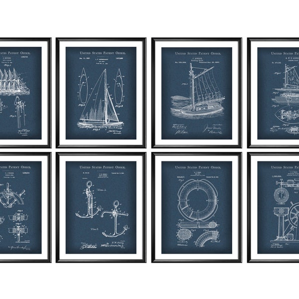 8 Vintage Sailing Patent Art Prints Nautical Blueprint Wall Decor Sailing Invention Sailor Gift Digital Download