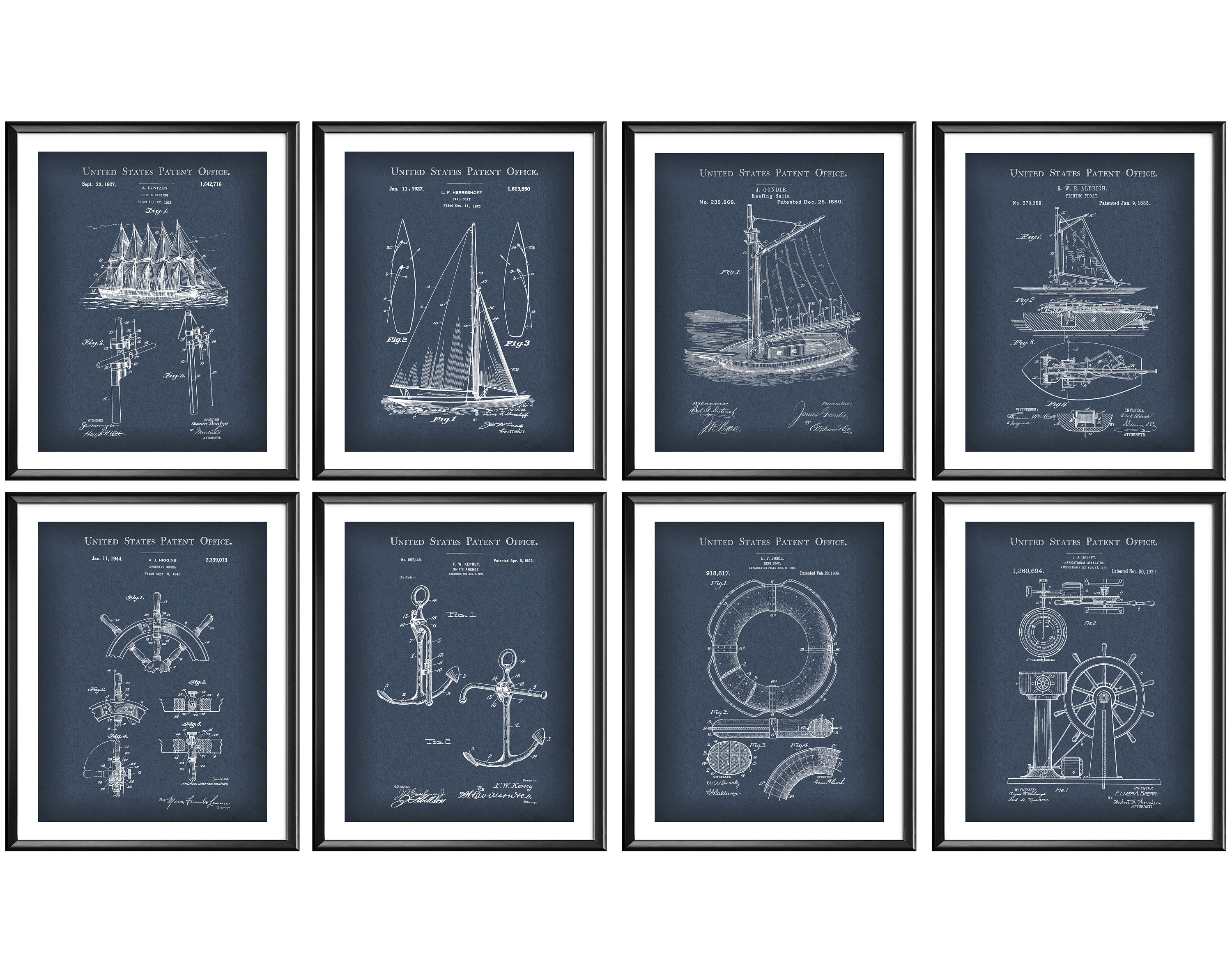 8 Vintage Sailing Patent Art Prints Nautical Blueprint Wall Decor ...