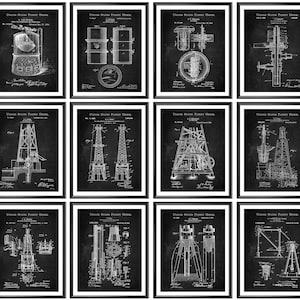 Può includere: Una collezione di dodici stampe incorniciate in bianco e nero con disegni tecnici dell'Ufficio Brevetti degli Stati Uniti di attrezzature per trivellazione petrolifera, macchinari e componenti meccanici, in sottili cornici nere.
