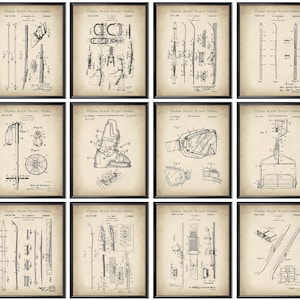 May include: A set of 12 vintage black and white illustrations of ski equipment, including skis, ski boots, ski poles, ski goggles, and a ski lift. The illustrations are in the style of patent drawings and are framed in black.