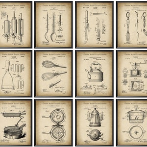 12 Vintage Patent Art Kitchen Decor Cooking Art Chef Gift Cook Equipment Blueprint Rolling Pin Patent Tea Kettle Patent Frying Pan Patent