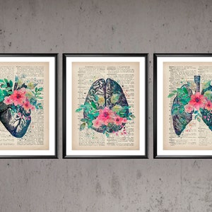 Watercolor Floral Anatomy Old Dictionary Page Vintage Medical Art Heart and Flowers Brain Print Anatomical Lungs Clinic Decor Doctor Gift