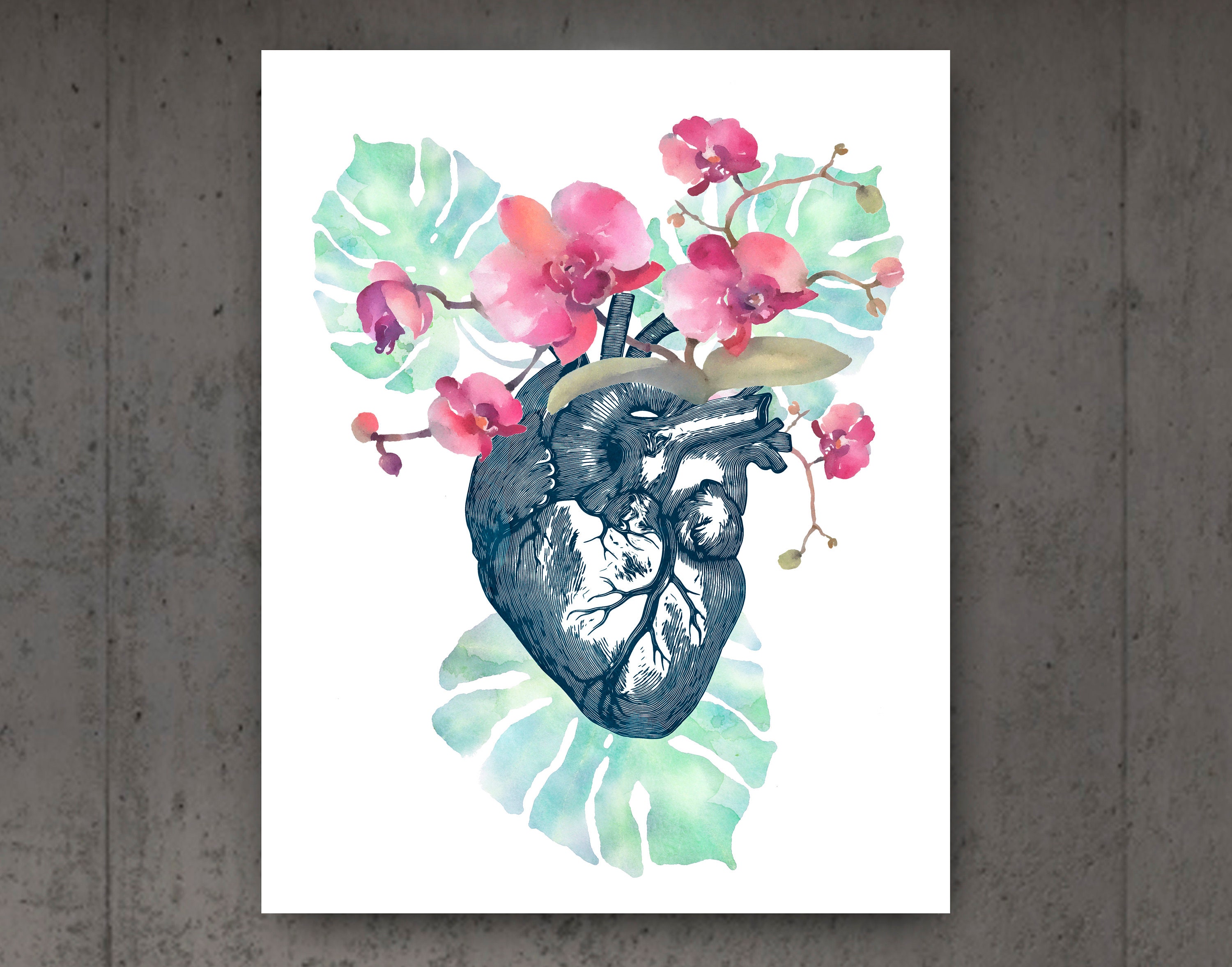 Watercolor Anatomy and Orchids Art Set of 6 Floral Brain Heart and ...