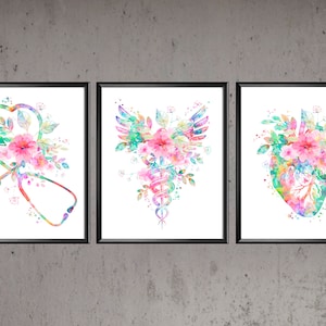 3 Healthcare Watercolor Art Doctor Gift Stethoscope Caduceus Anatomical Heart Medical Poster Clinic Wall Decor Nurse Gift