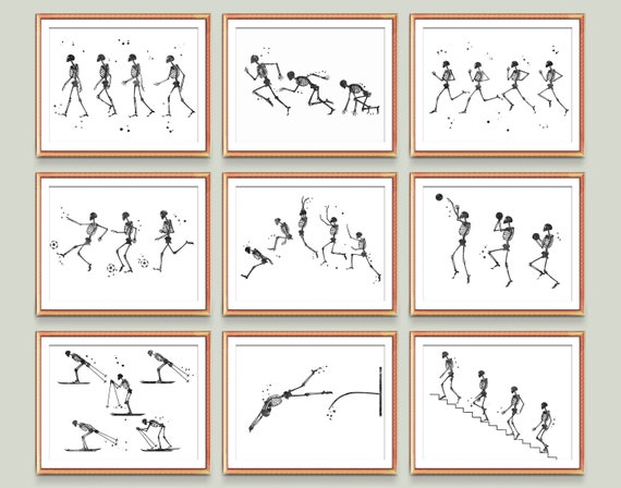 9 Sport and Exercise Actions Phases Art Running Movement Phases Poster  Moving Skeleton Art Athletics Art Sports Wall Decor Chiropractor Art 