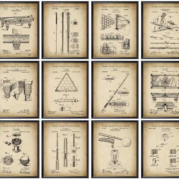 Pool Billiards Patent Art Set 12 Bulliard Cue Blueprint Billiard Table Patent Game Room Decor Sports Poster Home Wall Art Billiard Lover