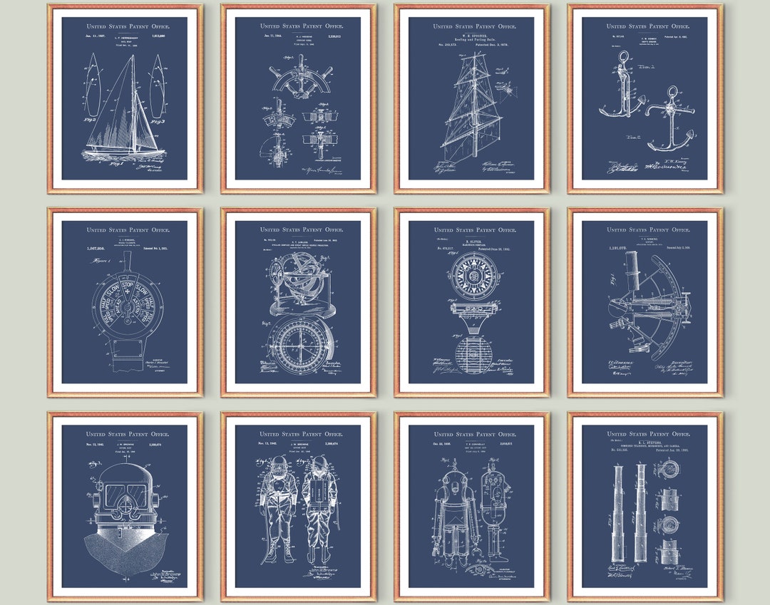 Nautical Set of 12 Patent Prints, Sailing Art, Blueprint Decor, Sailing ...