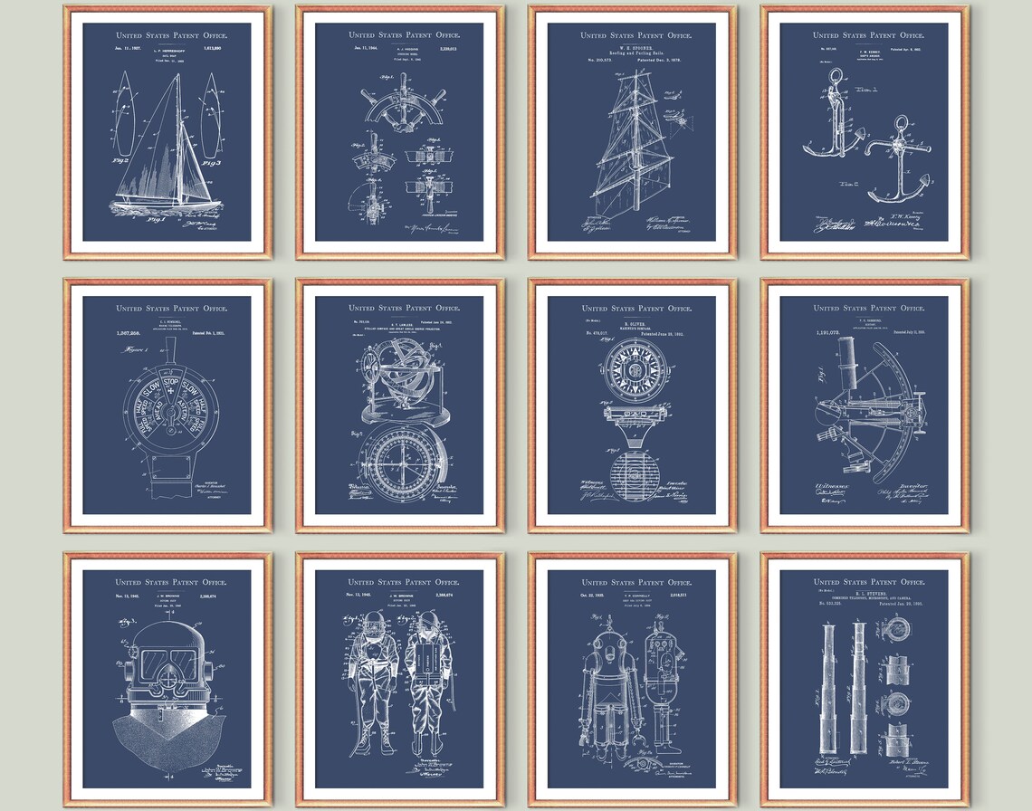 Nautical Set of 12 Patent Prints, Sailing Art, Blueprint Decor, Sailing ...