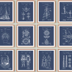 Nautical Set of 12 Patent Prints, Sailing Art, Blueprint Decor, Sailing Posters, Diving Equipment Patent, Sailor Gift, Sail Boat Print