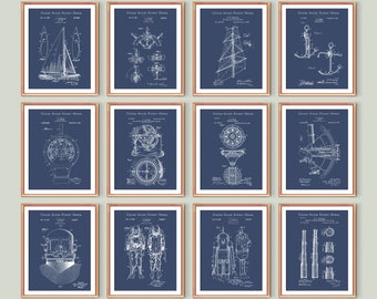 Nautical Set of 12 Patent Prints, Sailing Art, Blueprint Decor, Sailing Posters, Diving Equipment Patent, Sailor Gift, Sail Boat Print