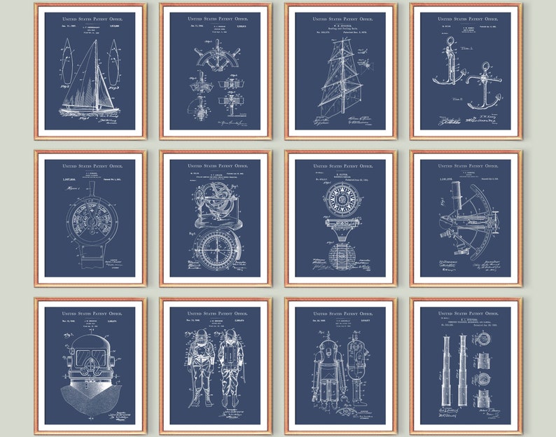 Nautical Set of 12 Patent Prints, Sailing Art, Blueprint Decor, Sailing ...