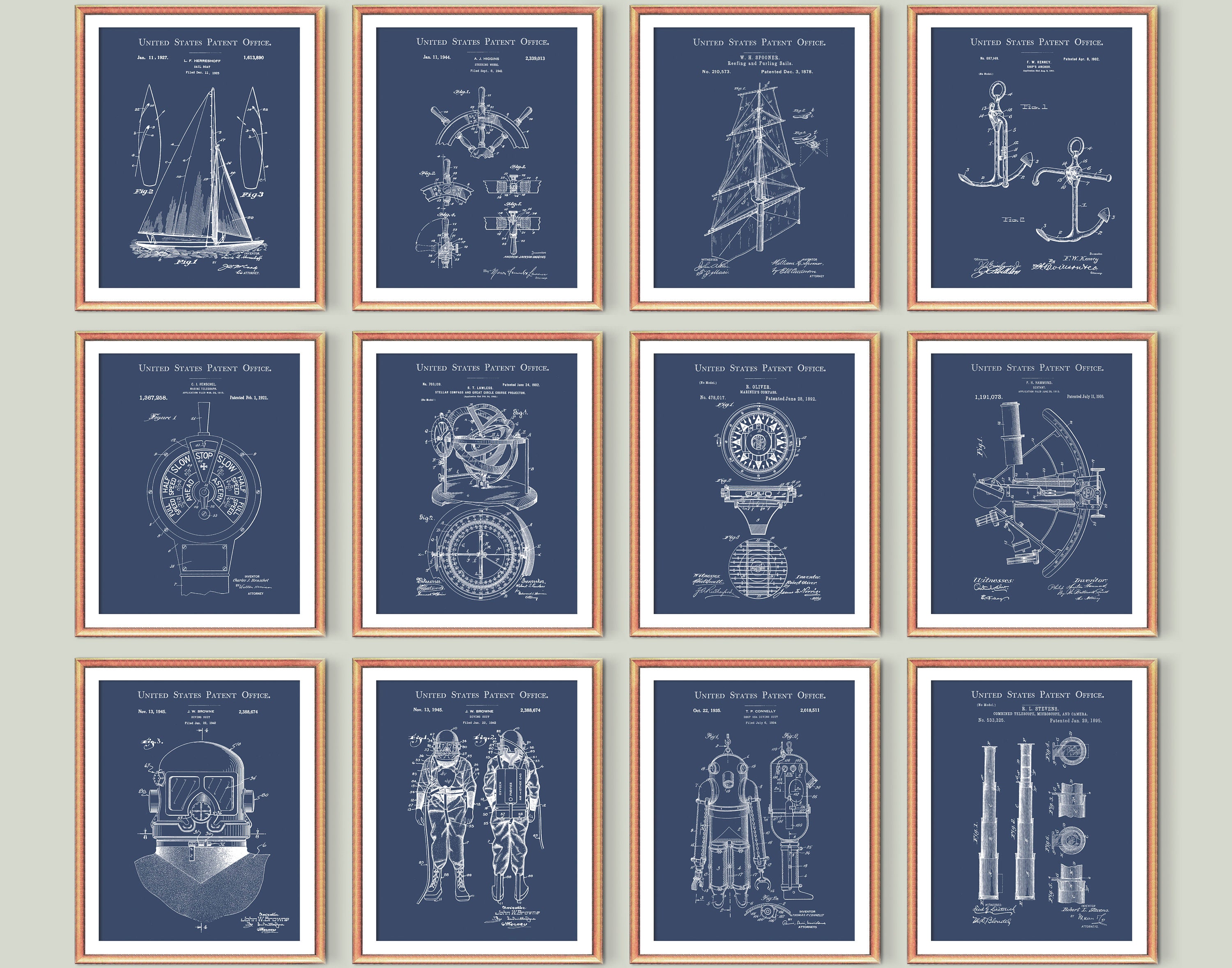 Nautical Set of 12 Patent Prints, Sailing Art, Blueprint Decor, Sailing ...