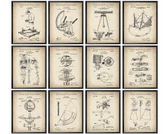 12 Regalos de Topógrafo, Planos Topográficos, Instrumentos de Distancia, Instrumentos de Nivelación, Esquemas Artísticos, Arte Cartográfico, Decoración de Pared para Oficina