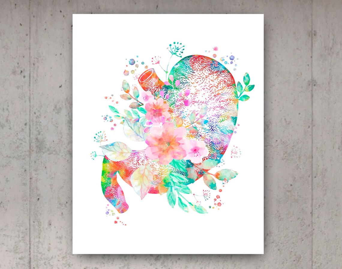 Floral Anatomy Print Set of 8 Watercolor Brain Heart Lungs Kidney Liver ...