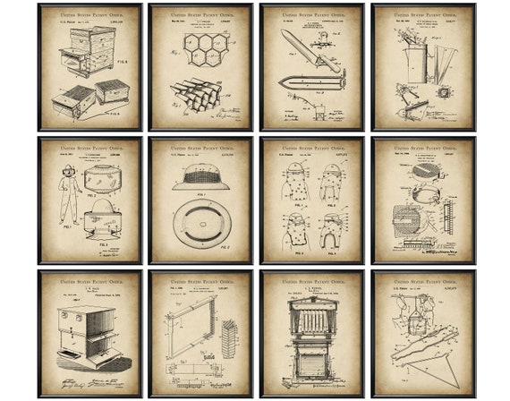 12 Beekeeper Gift Beekeeping Patent Posters Vintage Equipment Blueprint Bee Hive Patent Agriculture Art Farm Wall Decor Village House Decor