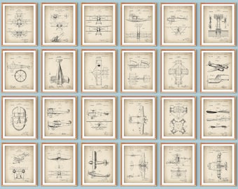 May include: A collection of twenty-four framed prints featuring United States Patent Office technical drawings of various vintage airplanes and aviation components. Each print displays black ink diagrams on a tan background with text.