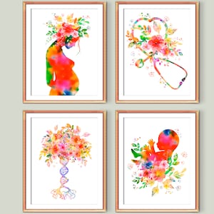 Ciąża Akwarela Sztuka Kwiatowy Płód Sztuka Stetoskop i Kwiaty Plakat DNA Noworodek Sztuka Baby Shower Prezent Dla Kobiety W Ciąży Prezent Dla Położnej
