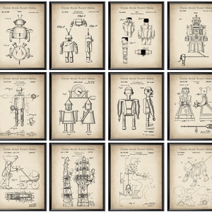 May include: A set of 12 vintage black and white patent drawings of robots and toys. The drawings are framed in black frames and have a distressed background.