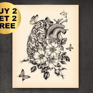 Gehirn und Herz mit Blumen Kunst, Vintage Anatomie Kunst, Anatomie und Blumen, Medizinisches Poster, Krankenschwester Geschenk, Krankenschwester Abschluss, Med Student Geschenk