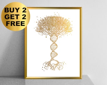 Gold DNA Molecule Art, Genetic Art, Science Art, DNA Helix Watercolor Art, Medical Art, Scientist Gift, Med Student Gift, Graduation Gift