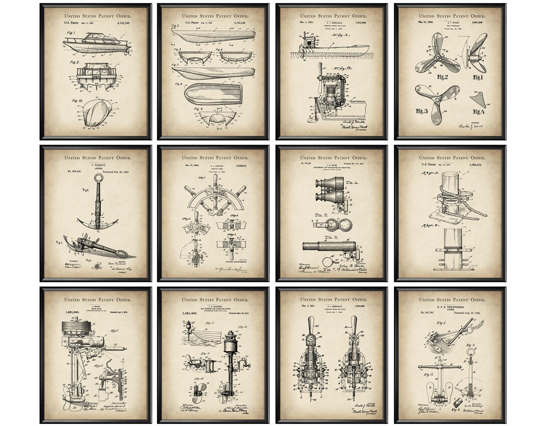 12 Vintage Speedboat Patent Art Nautical Art Sailing Blueprint Anchor ...