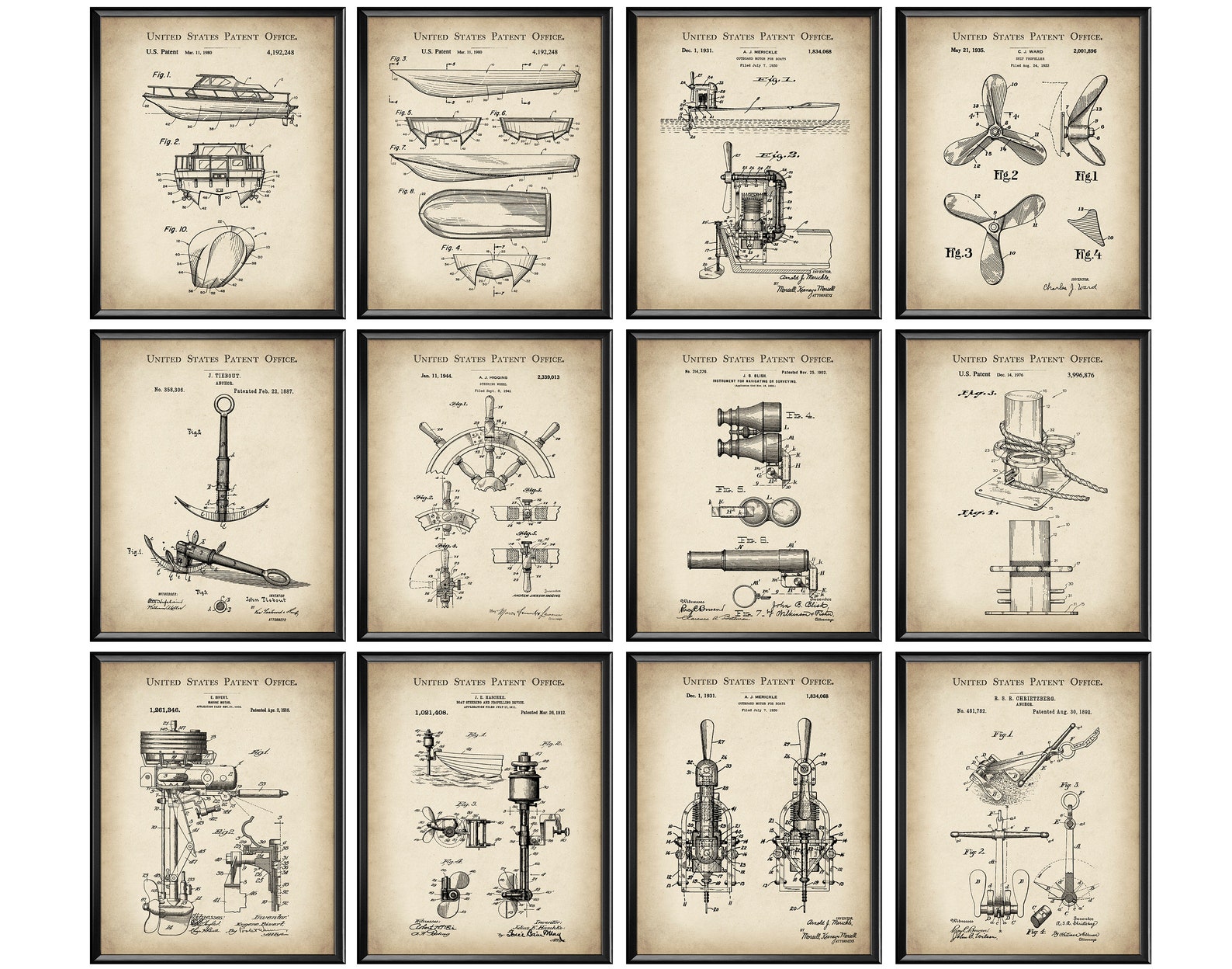 12 Vintage Speedboat Patent Art Nautical Art Sailing Blueprint Anchor ...