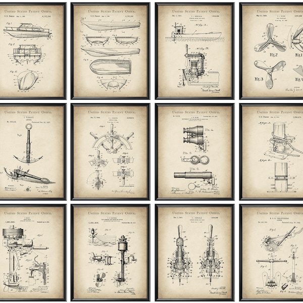 12 Vintage Speedboat Patent Art Nautical Art Sailing Blueprint Anchor Patent Boat Patent Ship Propeller Patent Sailor Gift Beach House Decor