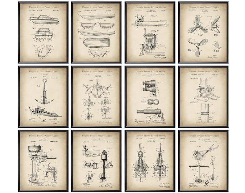 12 Vintage Speedboat Patent Art Nautical Art Sailing Blueprint Anchor ...