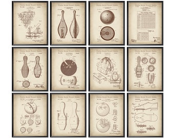 12 Bowling Patent Art Sports Blueprint Decor Bowling Ball Patent Bowling Pin Patent Bowling Gift Bowling League Fan Home Wall Decor